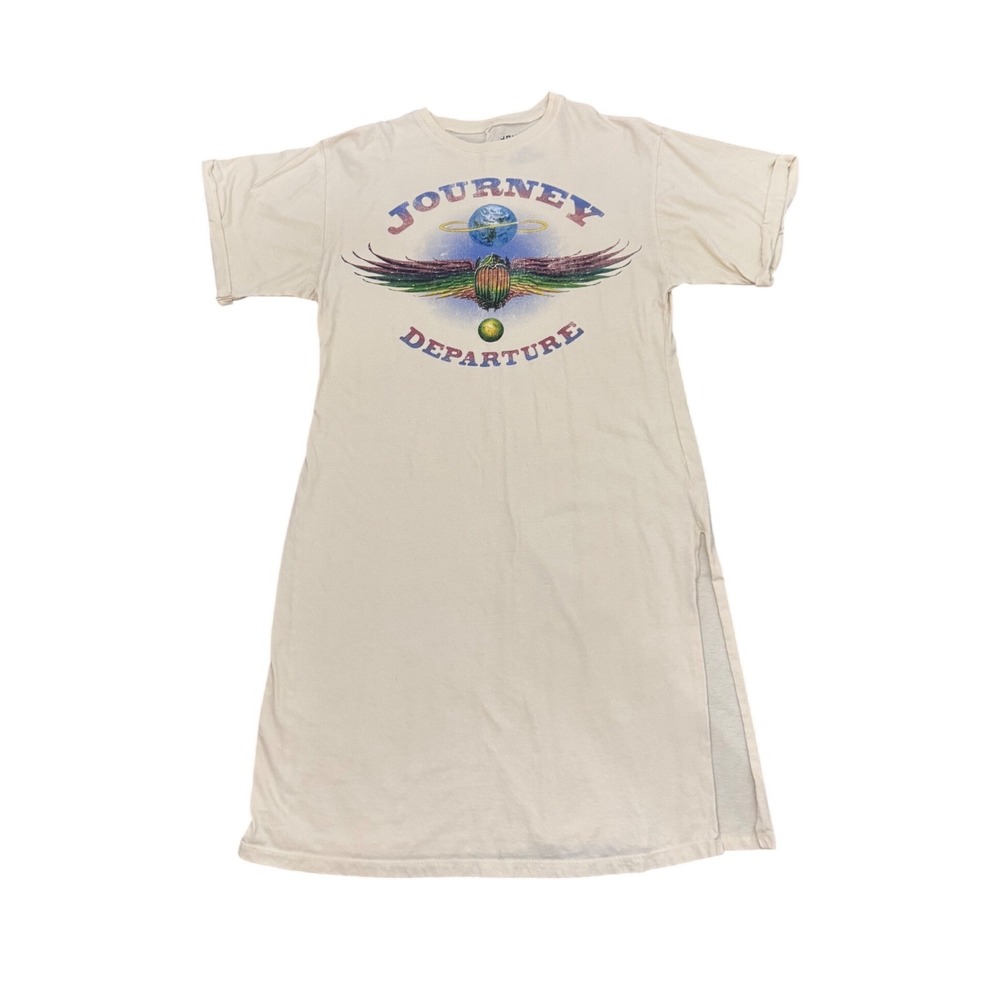 Journey Departure Graphic T Shirt Dress Cream Cotton Side Slit Size S‎
